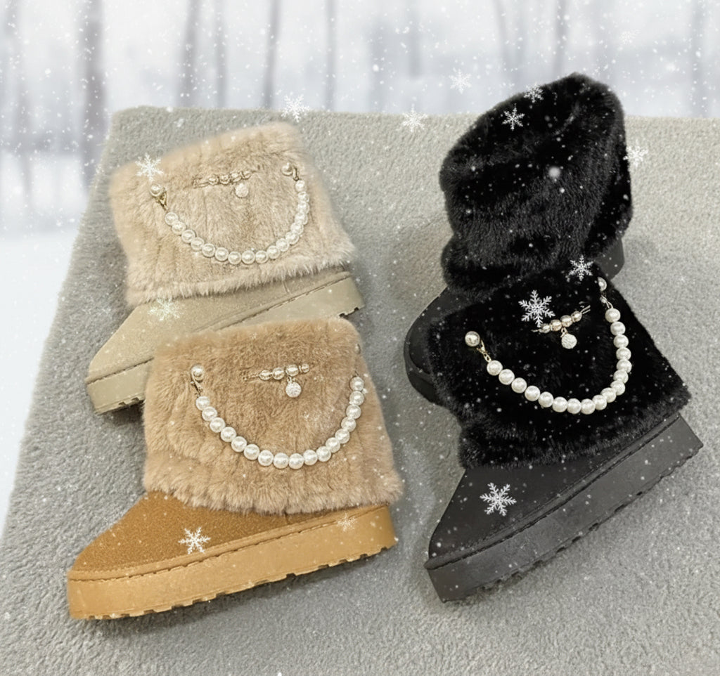 Elegant Ankle Winter Snow Moccasin Boots Faux Fur-like Lining & Pearl Detailing