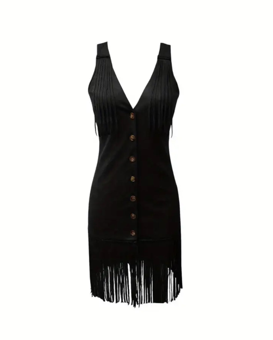 “JOLENE” Vintage Women's Sleeveless V-Neck Mini Dress with Fringe Detail