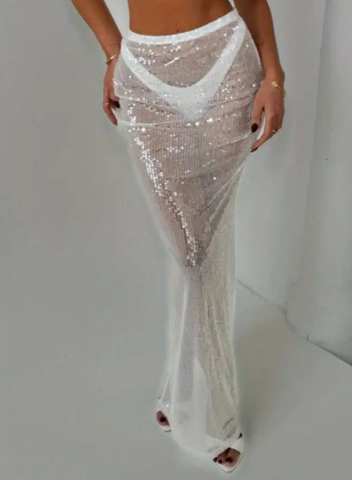 “Shimmer & Shine” Long Body-Con Skirt | Elastic Waist, Sparkly Sequin See-Through Fabric