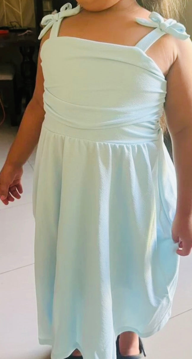 Tween Girl Bow Strap Ruched Fashionable Dress
