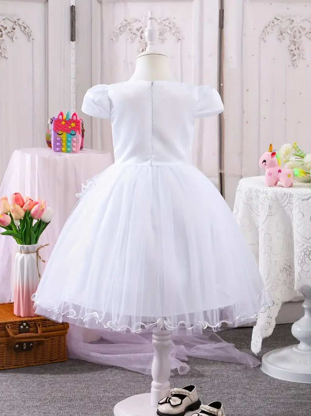 Girls Unicorm Dress Petal Sleeves, Mesh Detail, Knee-Length with Bow Accent 🦄