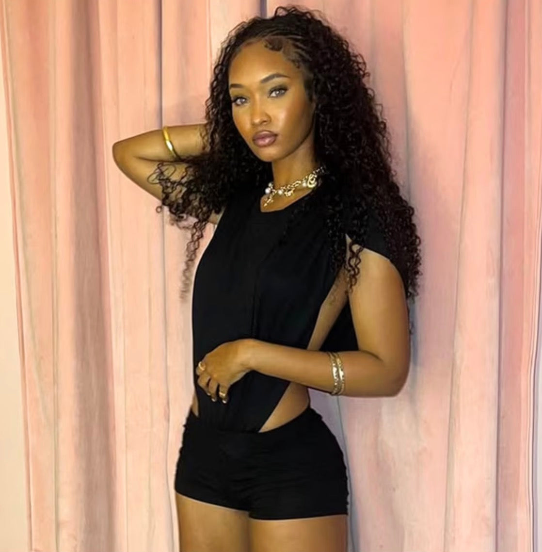 One-Piece, Body-Shaping Romper Playsuit, Black Shorts with Side Cut-Outs