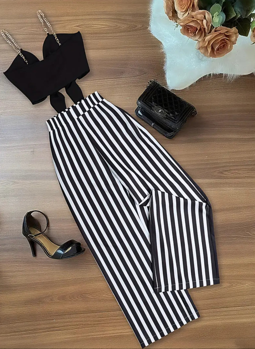 2 Piece Bow Detailed Sleeves Crop Top +High Waisted Belt less Design Pantsuit Set 