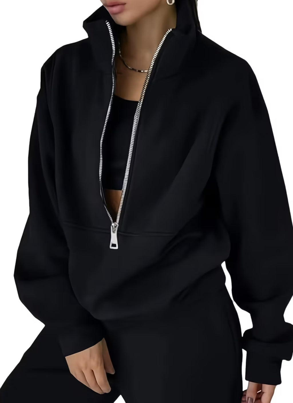 Sporty Chic Two-piece Set| Half-Zip Sweatshirt + High-Waisted Sweatpants