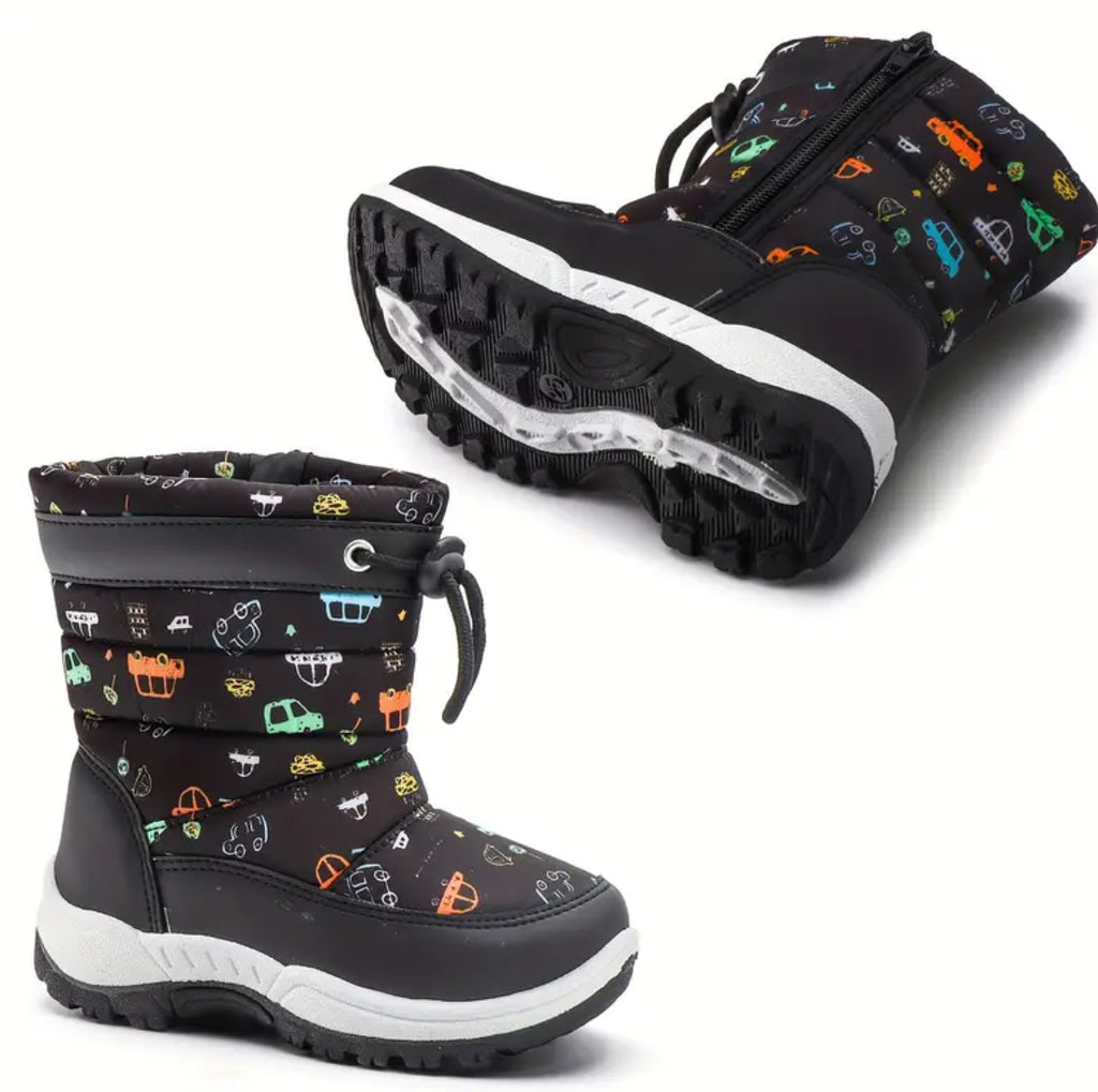 Youngsters “CARS” Winter Snow Boots, Zipper Closure,  High Top PU Upper & Sole + Fabric Lined for Boys