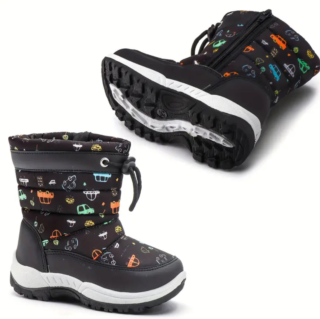 Youngsters “CARS” Winter Snow Boots, Zipper Closure,  High Top PU Upper & Sole + Fabric Lined for Boys