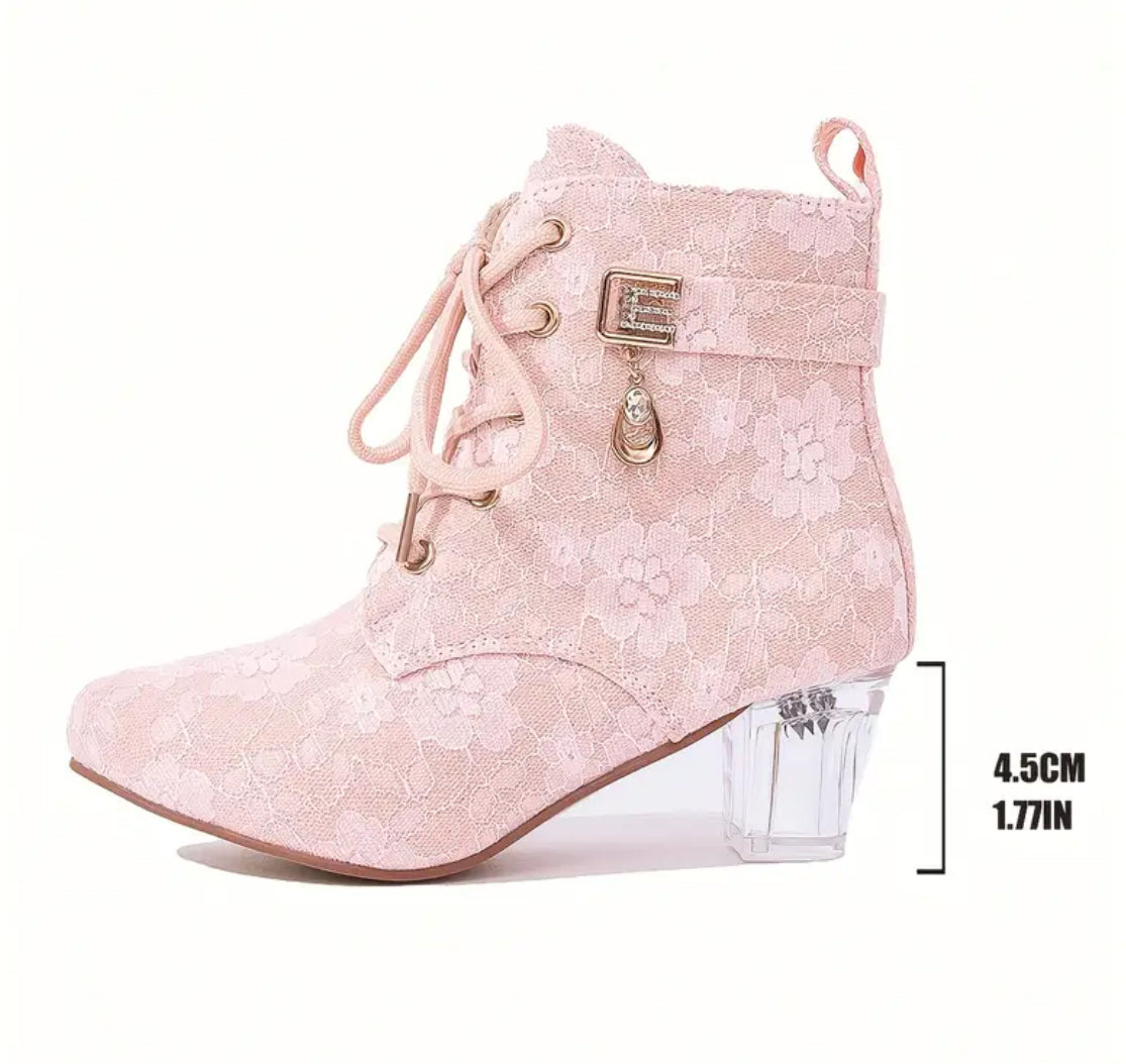 Ankle Boots with Crystal-Embellished Lace-Up Closure, Chunky Heel - Comfortable Fabric Upper 