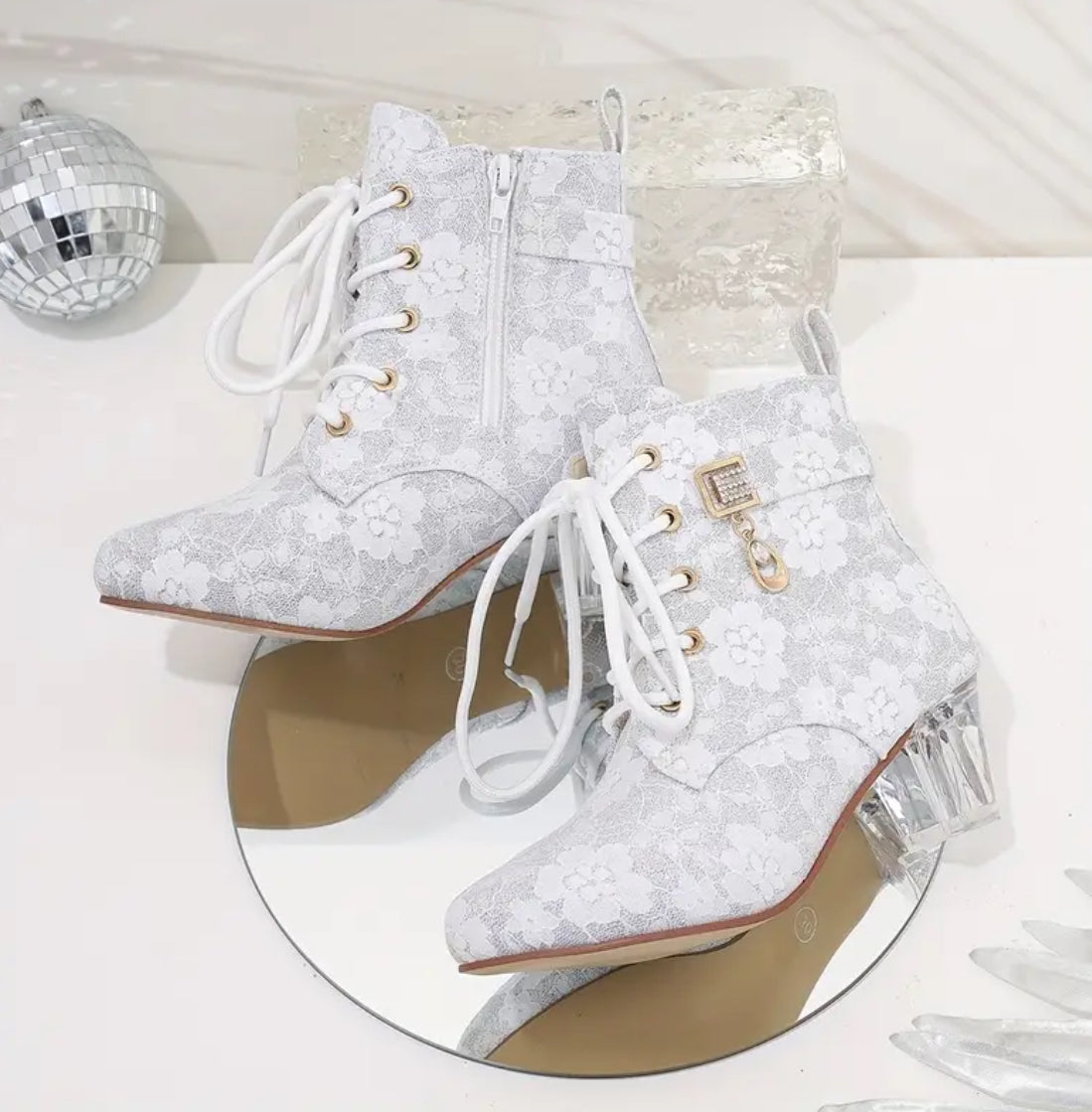Ankle Boots with Crystal-Embellished Lace-Up Closure, Chunky Heel - Comfortable Fabric Upper 