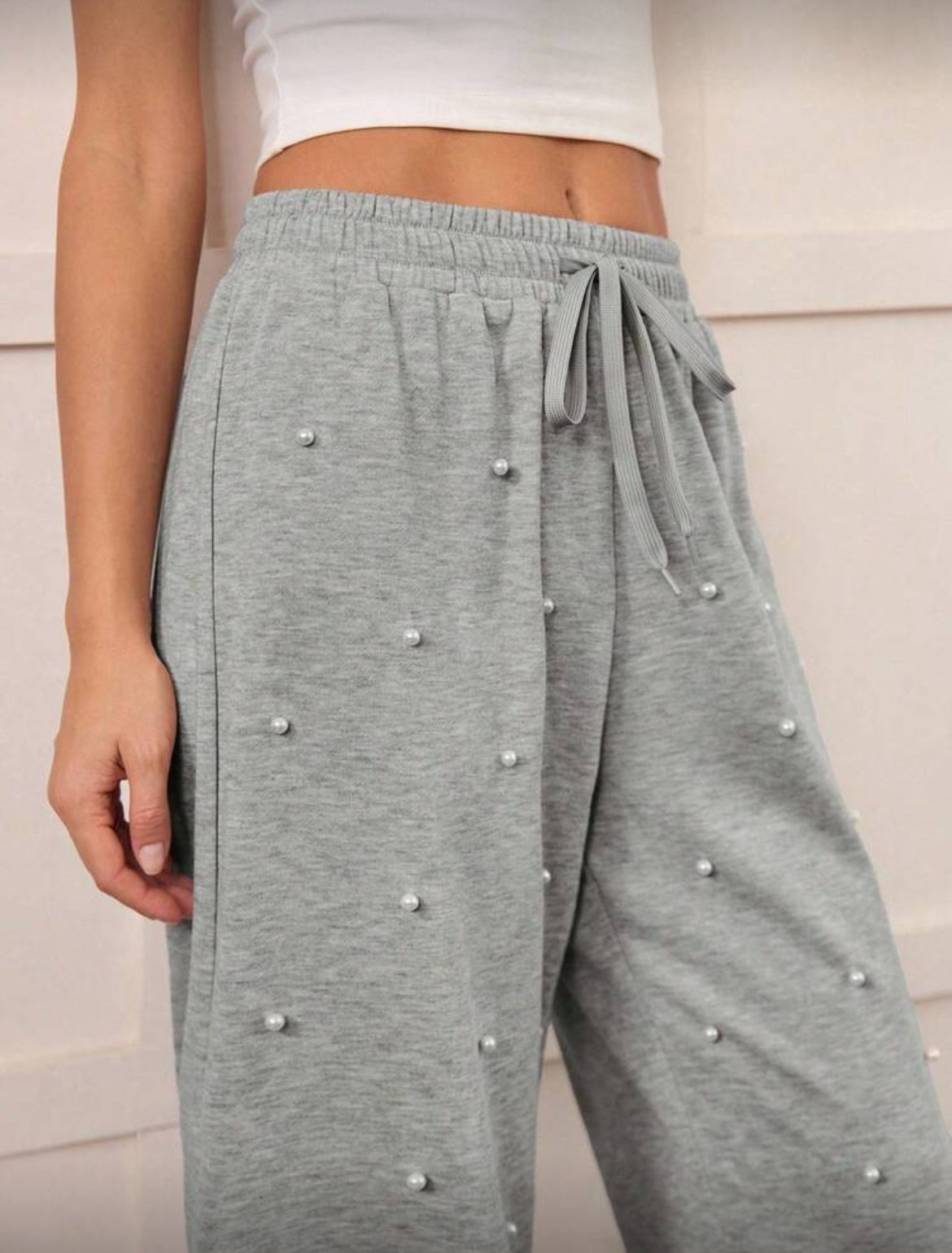 Rhinestone Embellished High Waist Drawstring Loose Fit Sweatpants