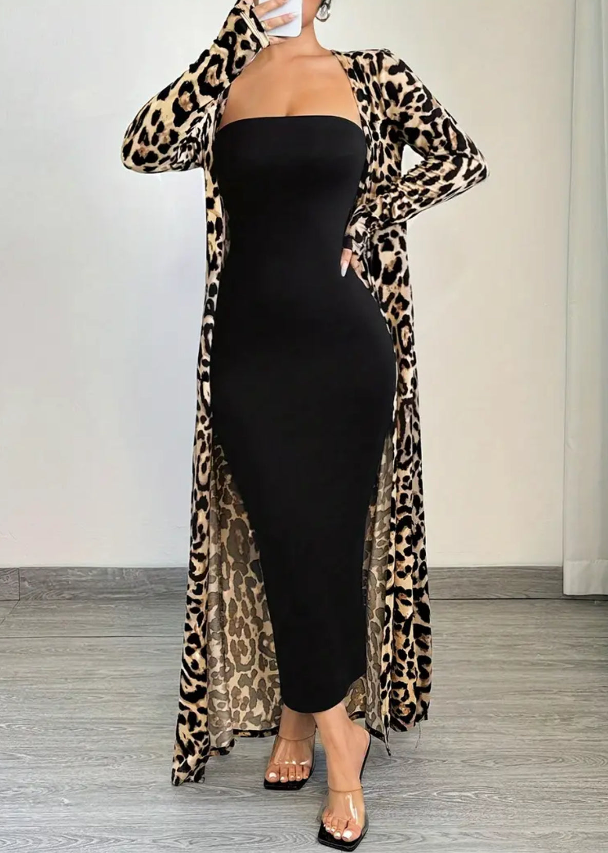 2pcs Leopard Longline Cardigan + Chic Tube Top Body-con Ankle Length Black Dress