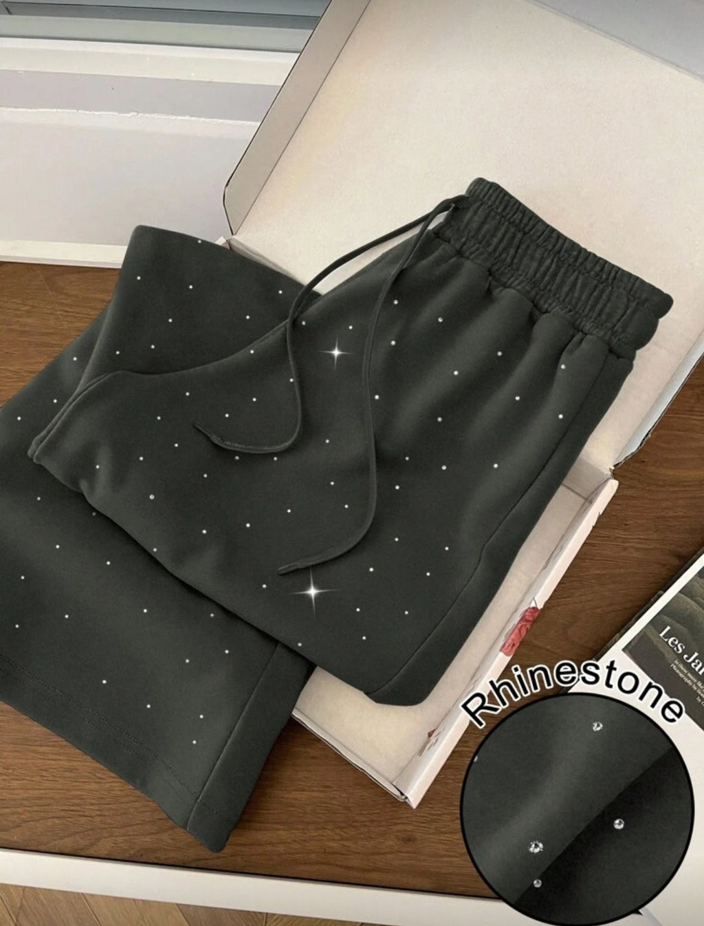 Rhinestone Embellished High Waist Drawstring Loose Fit Sweatpants