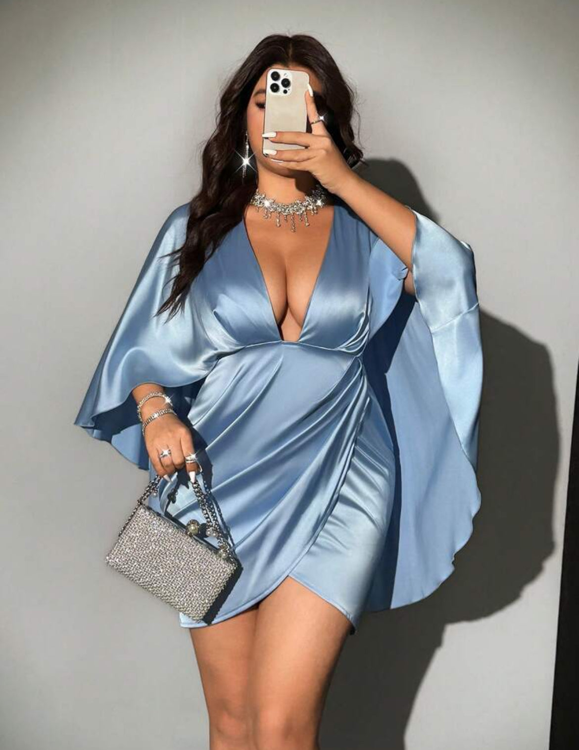 ‘GiGi’ Sexy V-Neck Flared Sleeve Fitted Plus Size Solid Color Dress