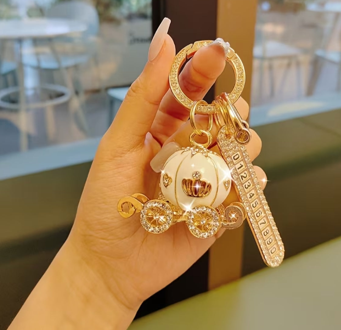 “Cinderella” Enchanting Diamond Inlaid Pumpkin Carriage Pendant with Number Plate Keychain