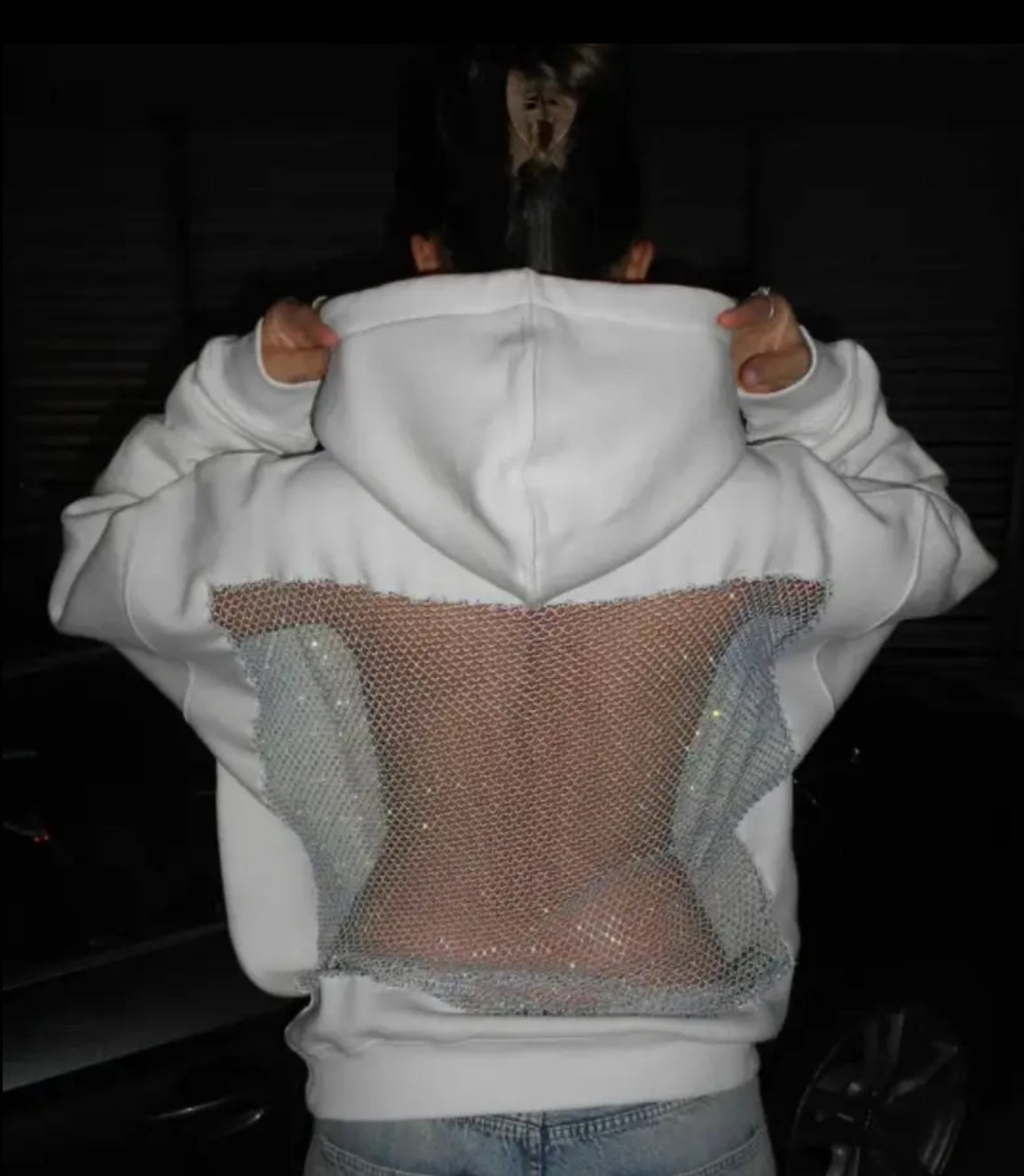 “Diamonds & Sweatshirts” Winter Warm Hooded Sweatshirt - Backless Open Mesh Design