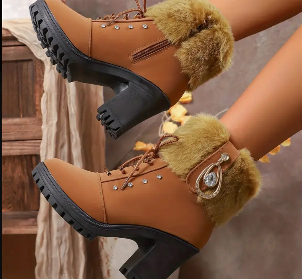 Teen Faux Fur-Leather Ankle boots Lace-up front, Side Zipper Closure & Rhinestone embellishment