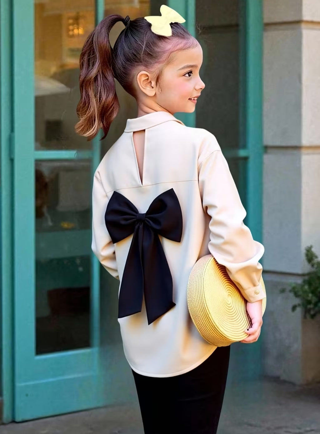 Girls' Long Sleeve Blouse with Hollow-Out Back & Decorative Bow 