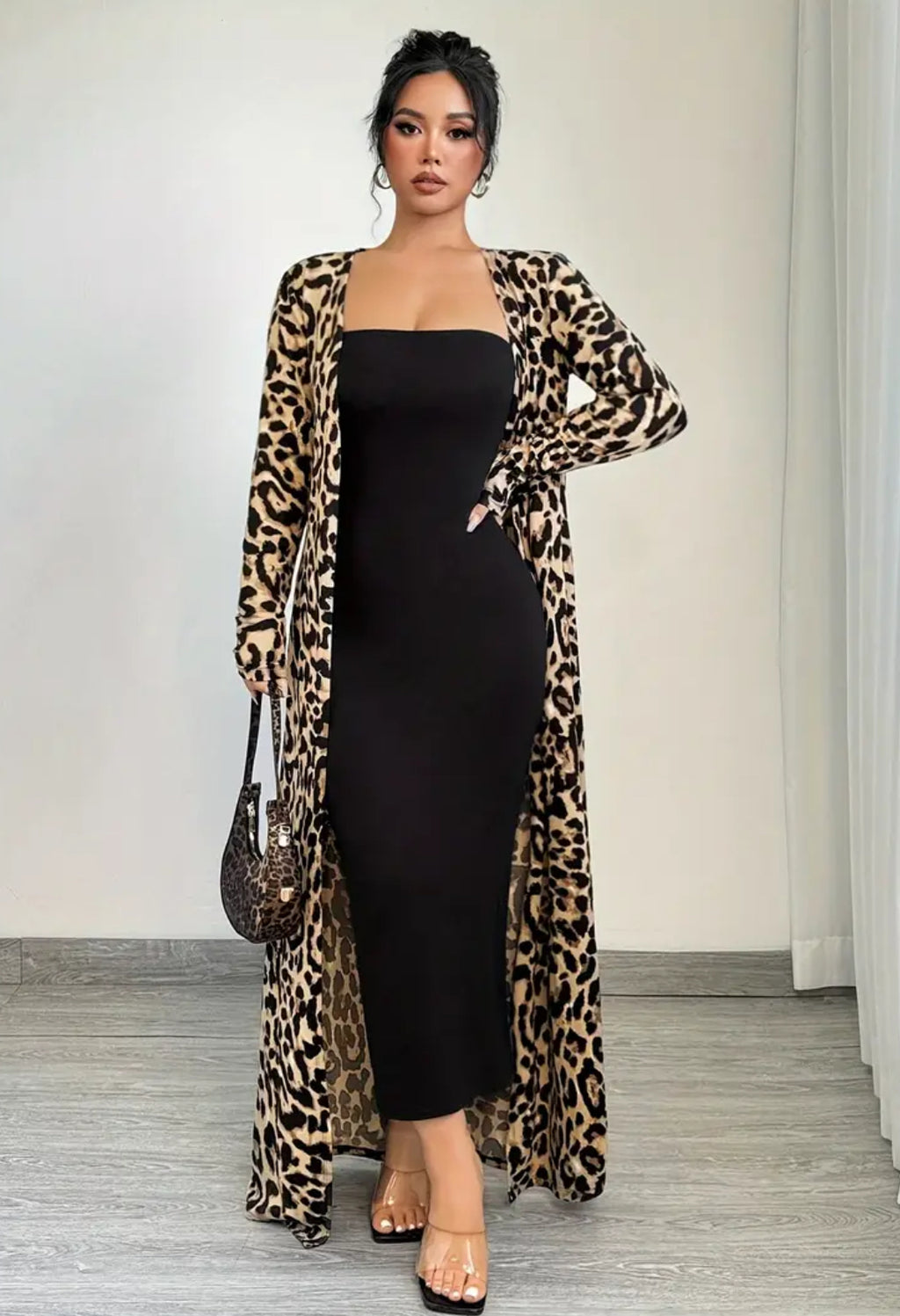 2pcs Leopard Longline Cardigan + Chic Tube Top Body-con Ankle Length Black Dress