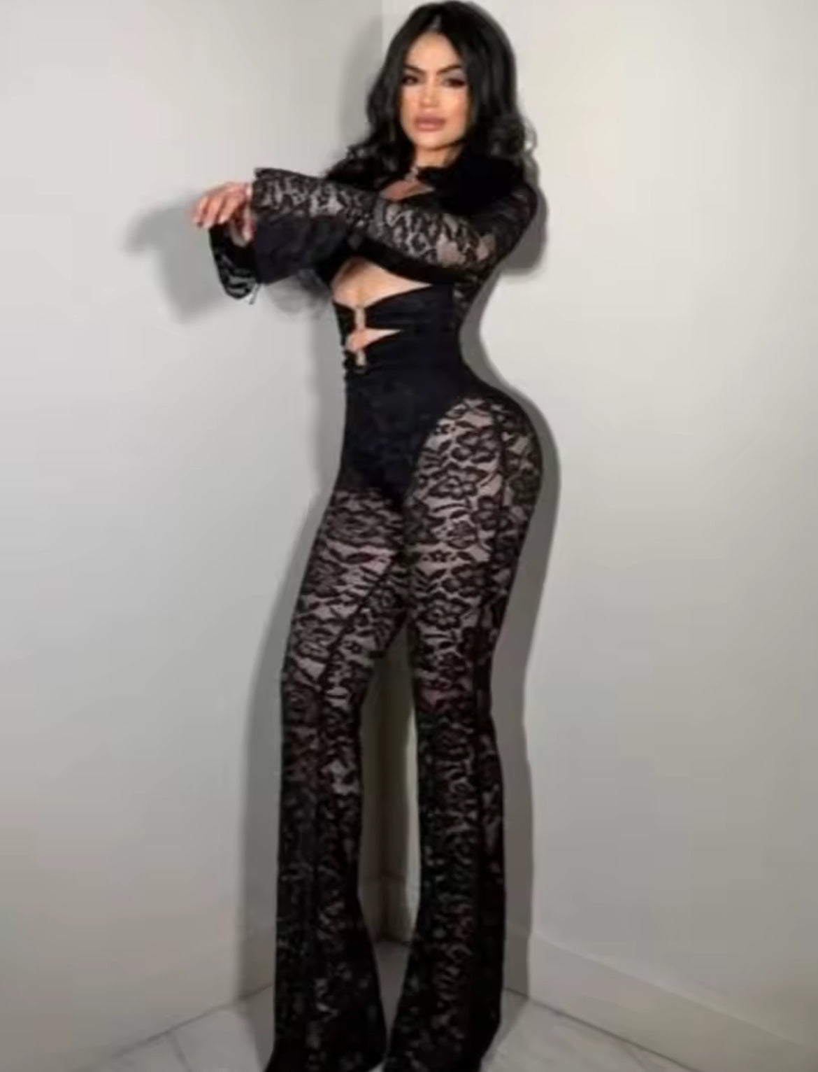 Jacquard Women’s Elegant Sexy Hollow Ring Crop Tops+Flare Pants