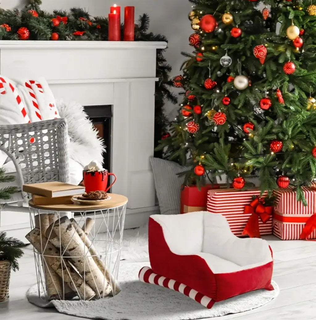 “Santa’s Sleight Bed” Christmas Cozy Pet Sleigh Bed - Red Velvet & Natural Faux Fur 