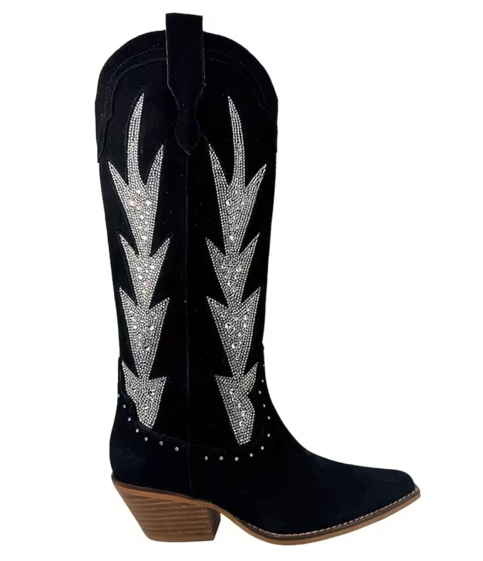 “Flames” Women's Western Cowboy Boots - Rhinestone Embellished Pointed Toe, Chunky Heel Pull-On Knee-High 