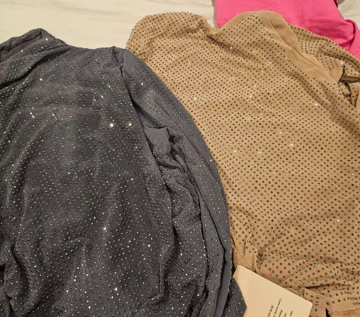 Gray Fashion Wear, Sparkling Rhinestone Decor- Fitted Sheer Mesh Crop Top