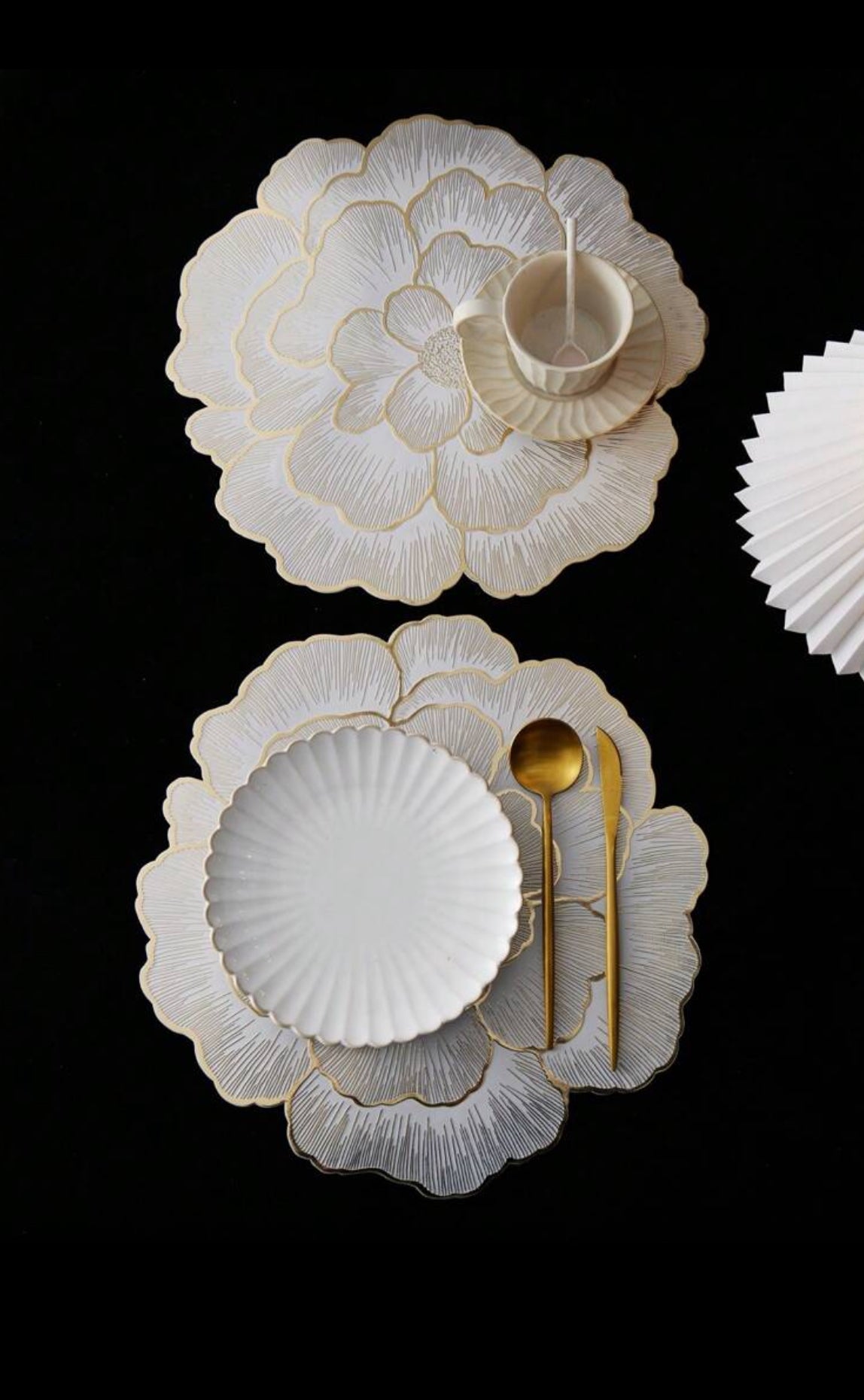 Chic Gold & White Peony Flower Design Placemats | 15 Inch- Washable, Easy To Clean & Heat Resistant