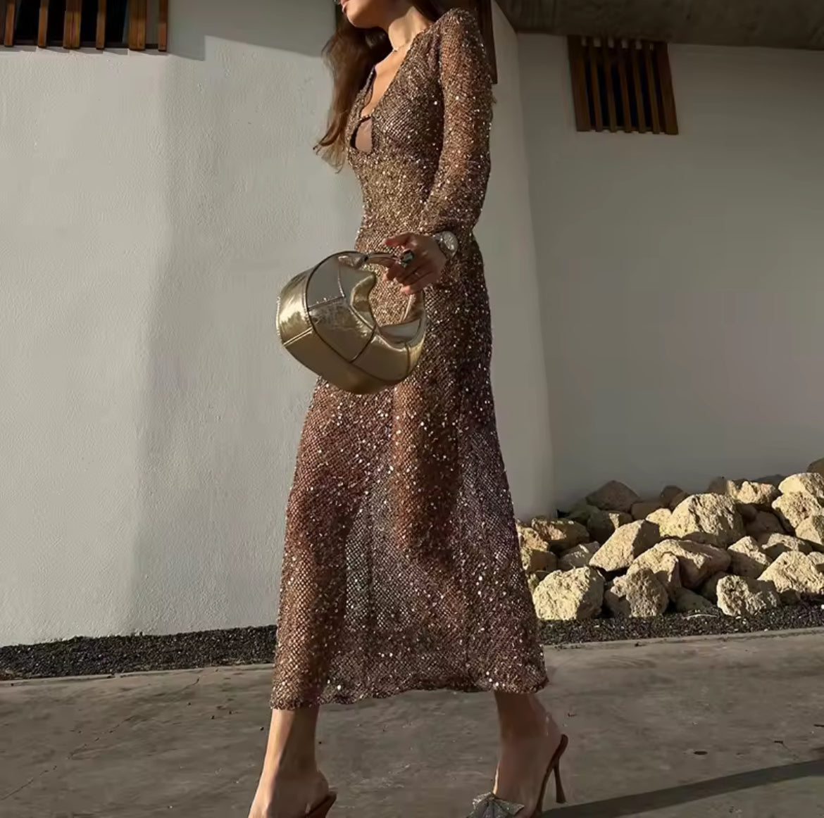 Shiny Hollow Out Sequins V-neck Flare Sleeve Long Evening Dress