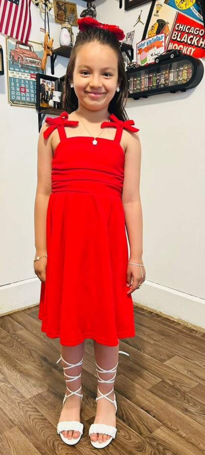 Tween Girl Bow Strap Ruched Fashionable Dress