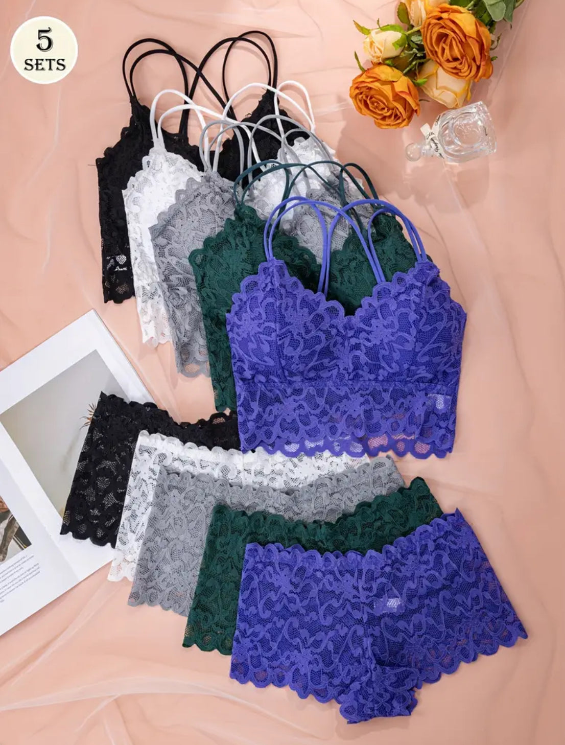 5 Set ‘DIVA’ Soft Lace Lingerie Bralette & Undergarments