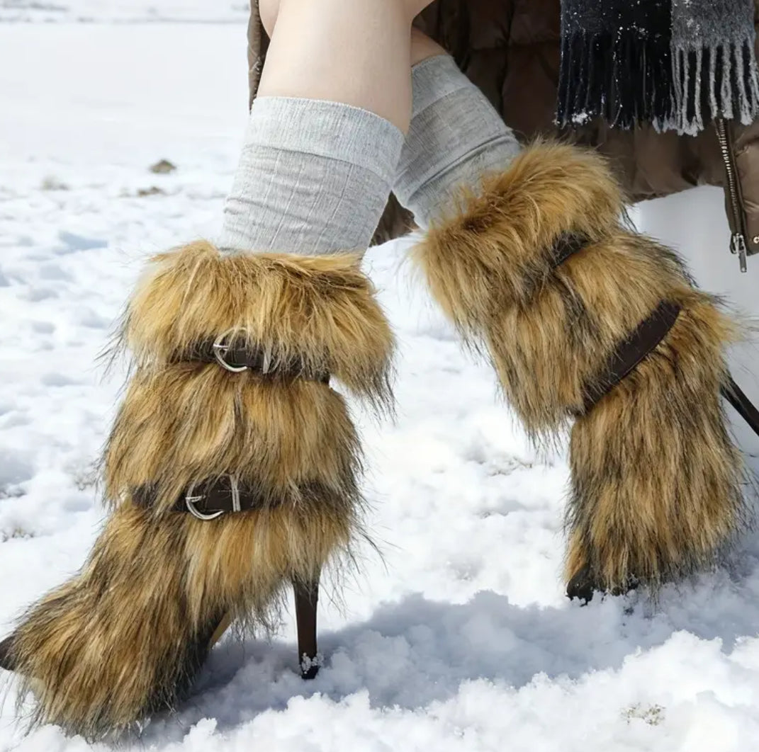 Faux Fur Winter Ankle Boots with High Heel Stiletto - Buckle Strap & Slip-Resistant Rubber Sole 