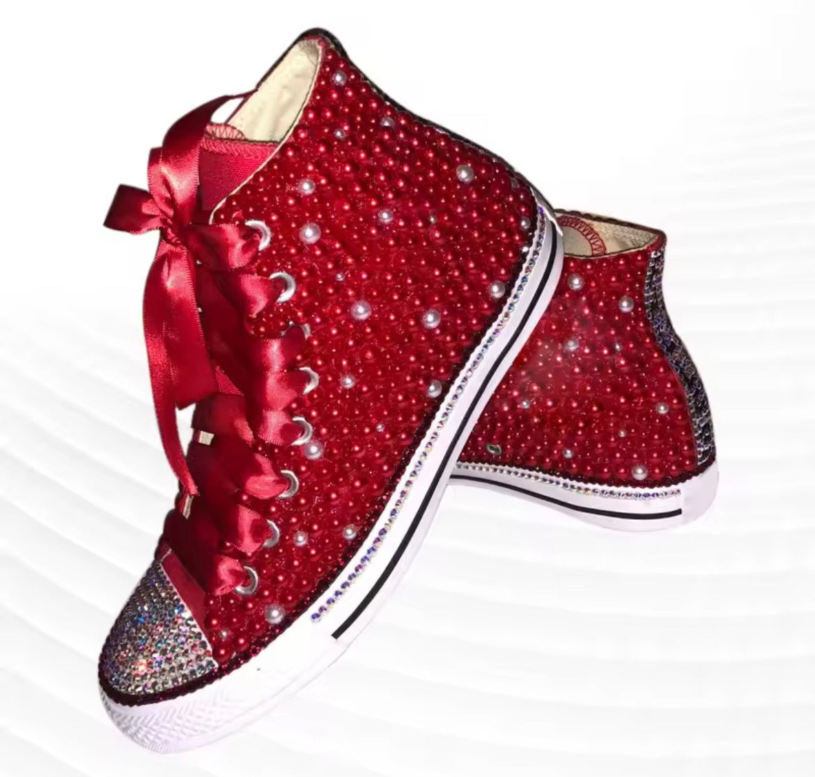 Glam High-Top Women’s Sneakers | Rhinestones & Pearls Accent & Satin Ribbon Laces