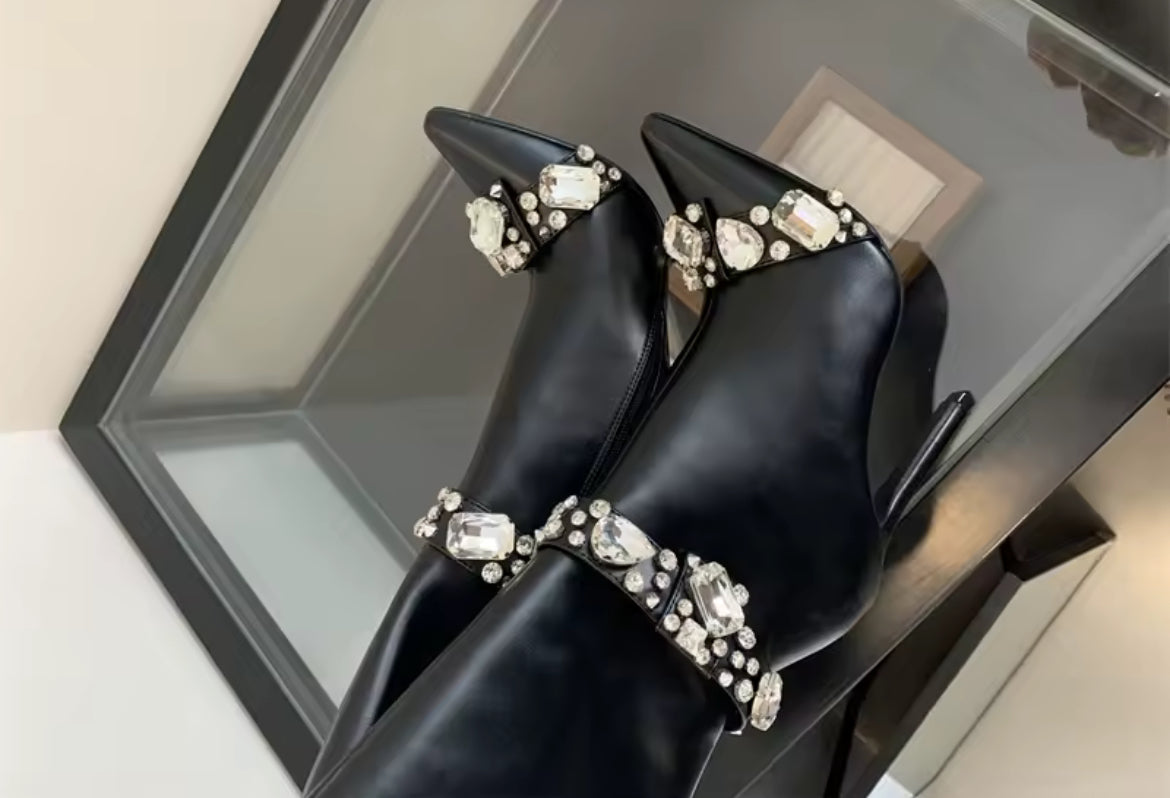 Women's Sleek Mid-Calf Leather Boots, Adorned With Sparkling Crystal Diamonds