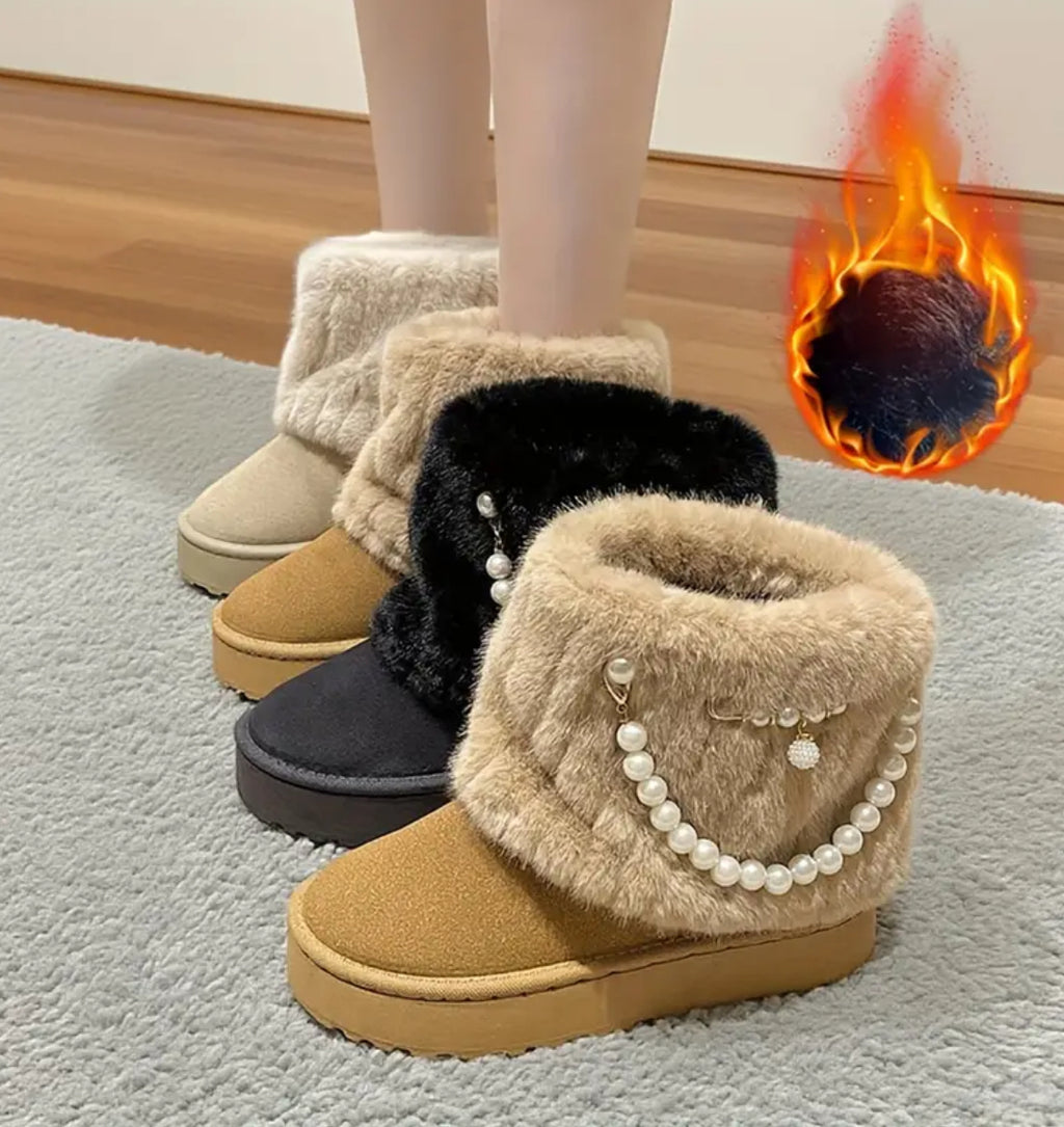 Elegant Ankle Winter Snow Moccasin Boots Faux Fur-like Lining & Pearl Detailing
