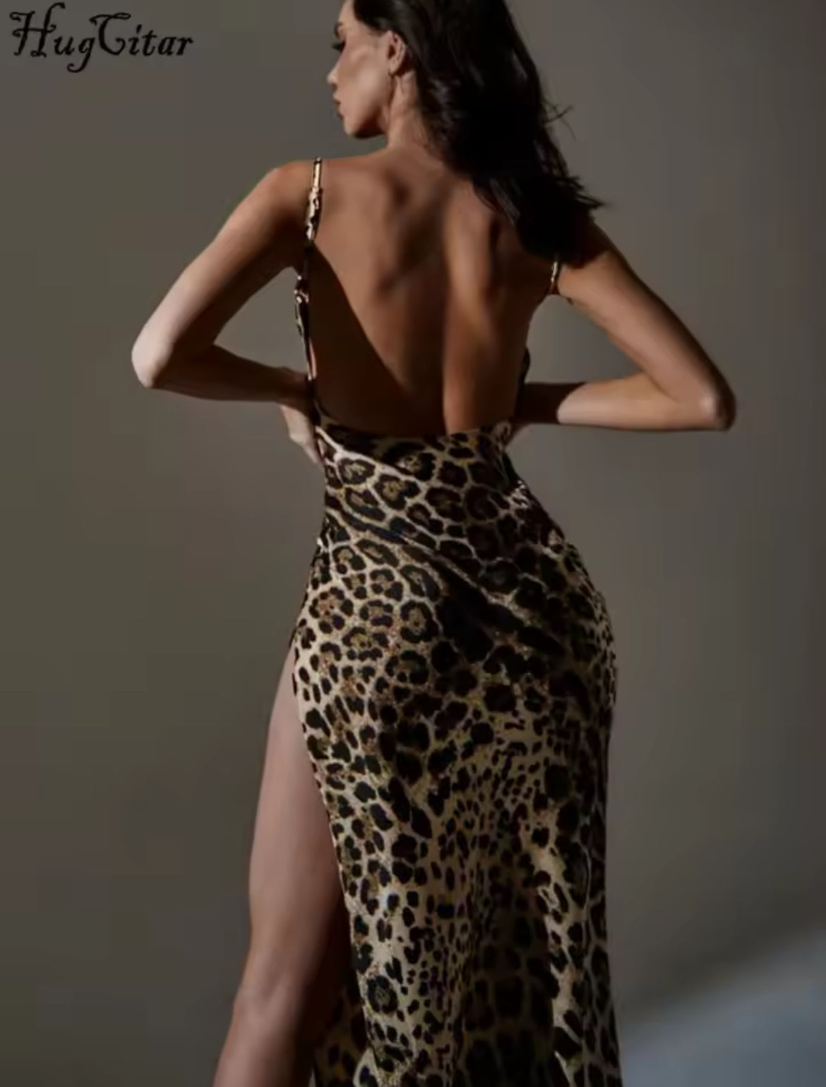 Cheetah / Leopard Print Swing Collar Sleeveless Sexy Maxi Slit Dress