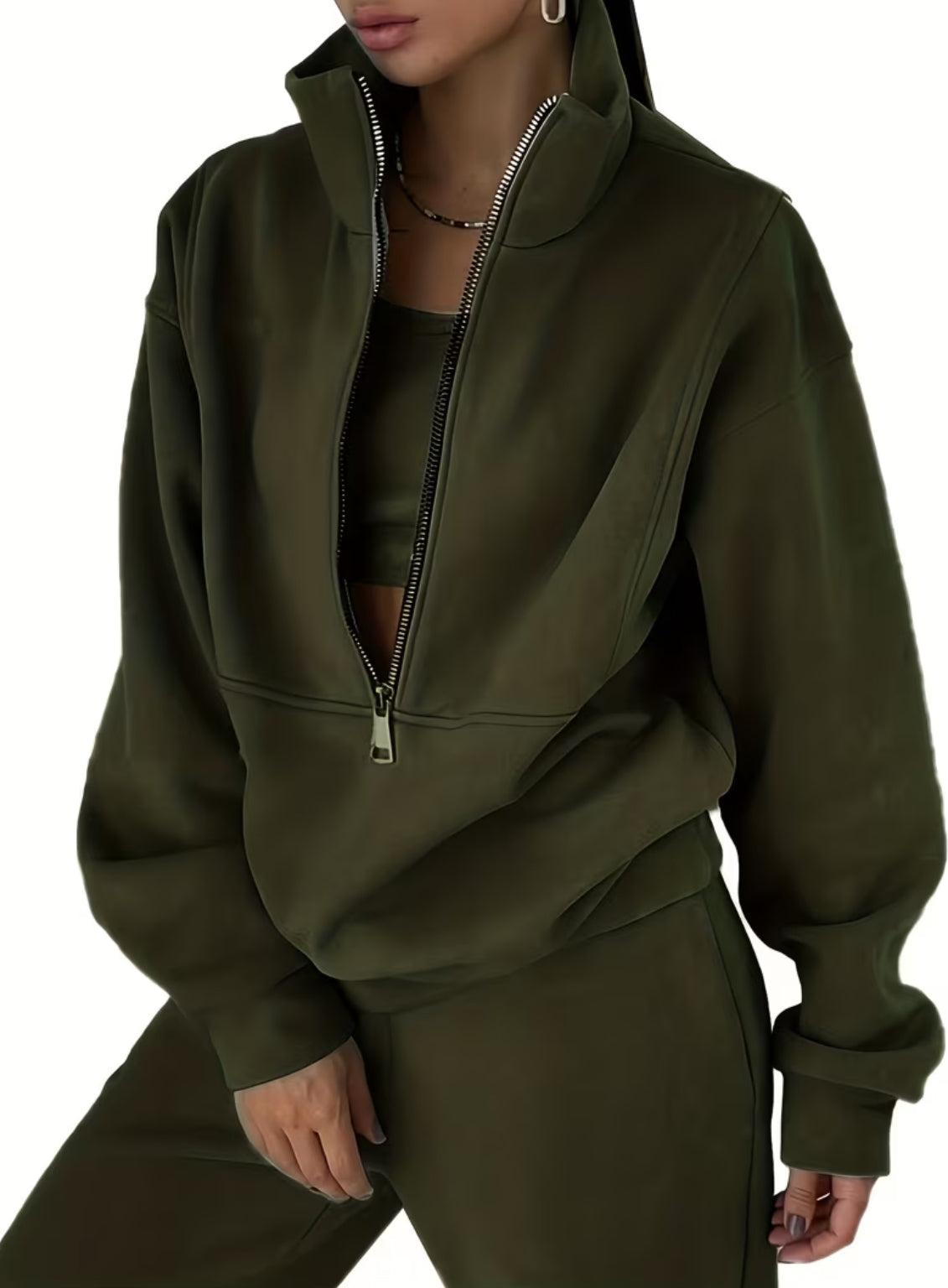 Sporty Chic Two-piece Set| Half-Zip Sweatshirt + High-Waisted Sweatpants