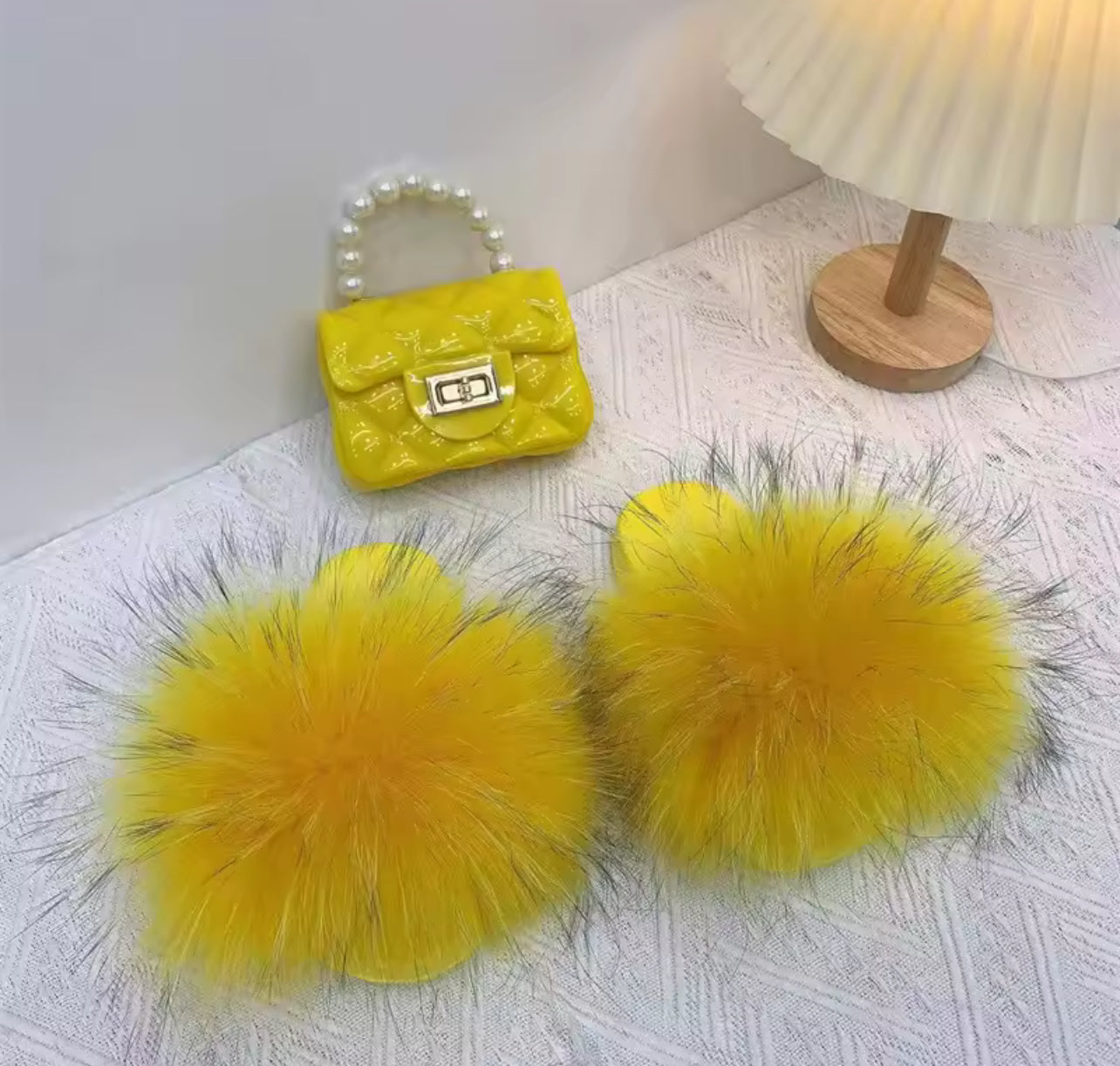 Girls Fashion Faux Fur Slippers & Purse Set