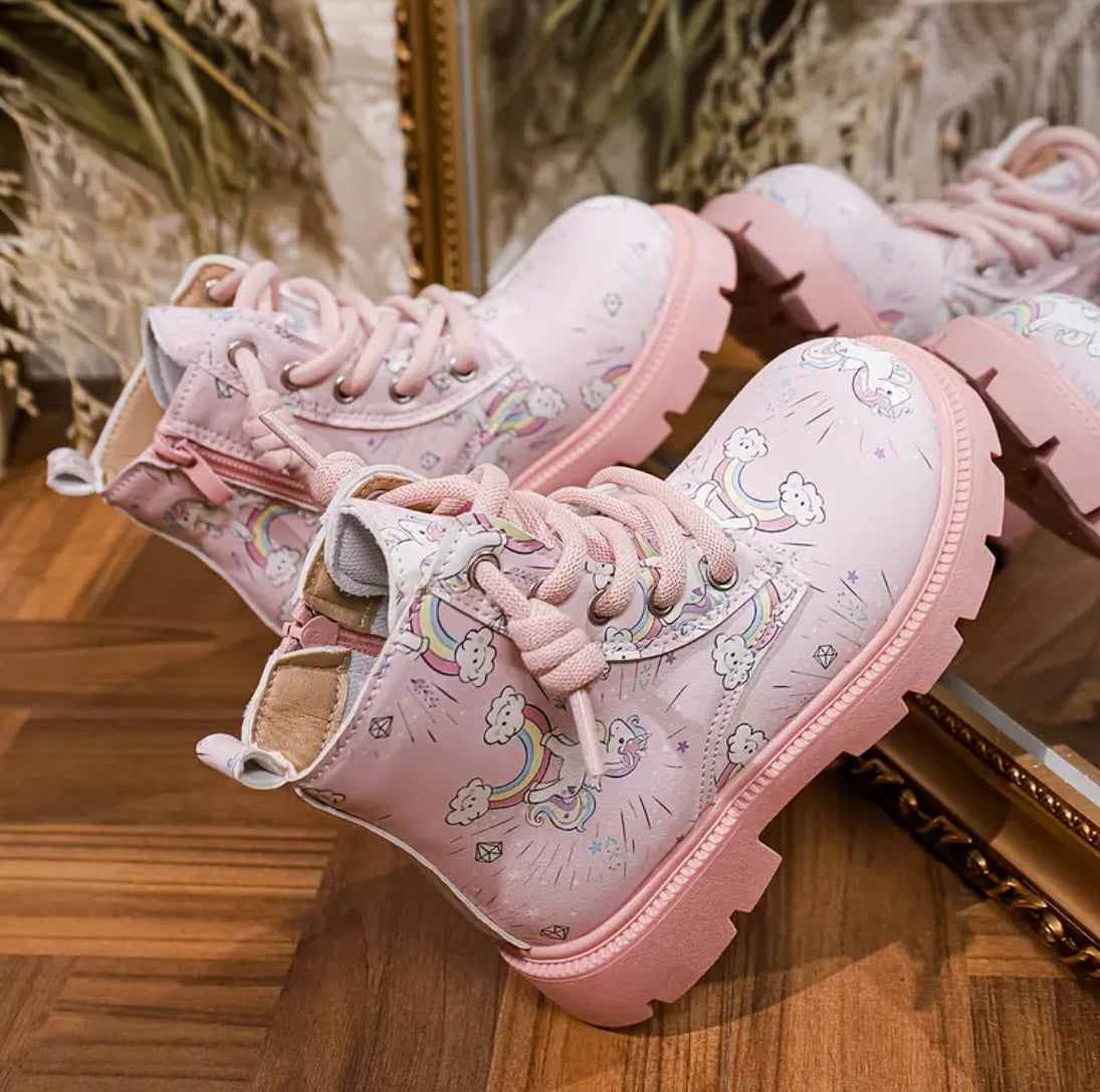 “Unicorn Timb’s” Girls' Pink Rainbow Non-Slip Ankle Boots