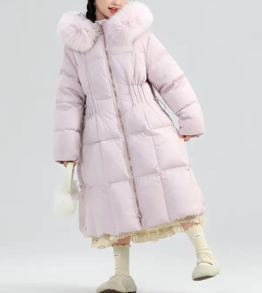 Kids Winter Parka Jacket with Hooded Fur Collar, Full-Zip Closure