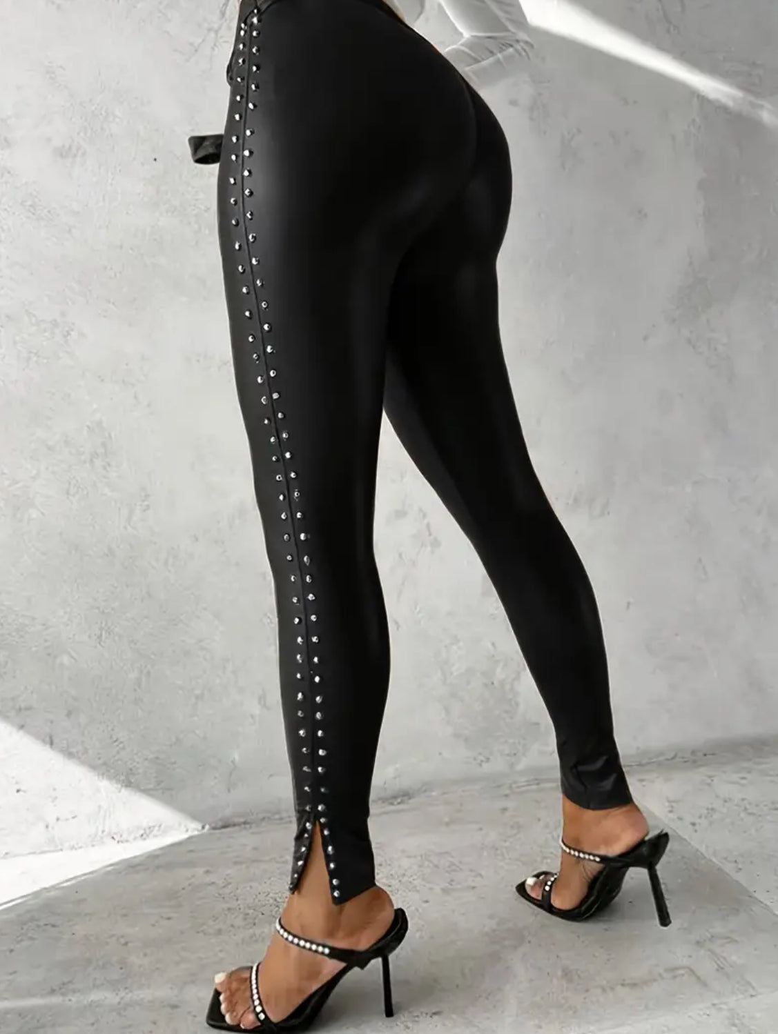 “Aaliyah” Women’s Faux Leather Studded Decor Leggings