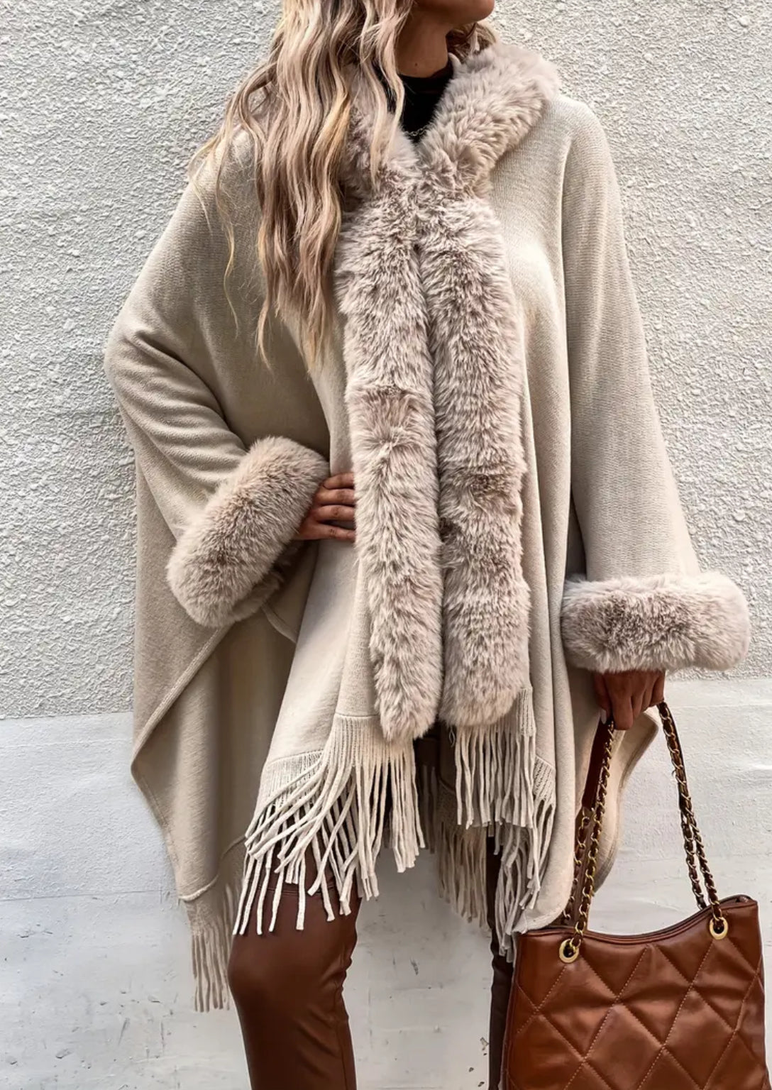 Chic Hooded Cape Coat - Long Sleeve V-Neck with Fringe Trim