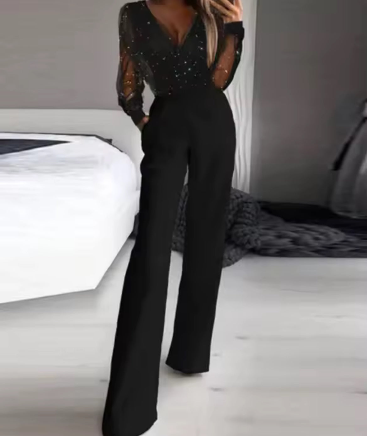 Black Long Sleeved Sequin Wrap Mesh V-neck Solid Color Jumpsuit
