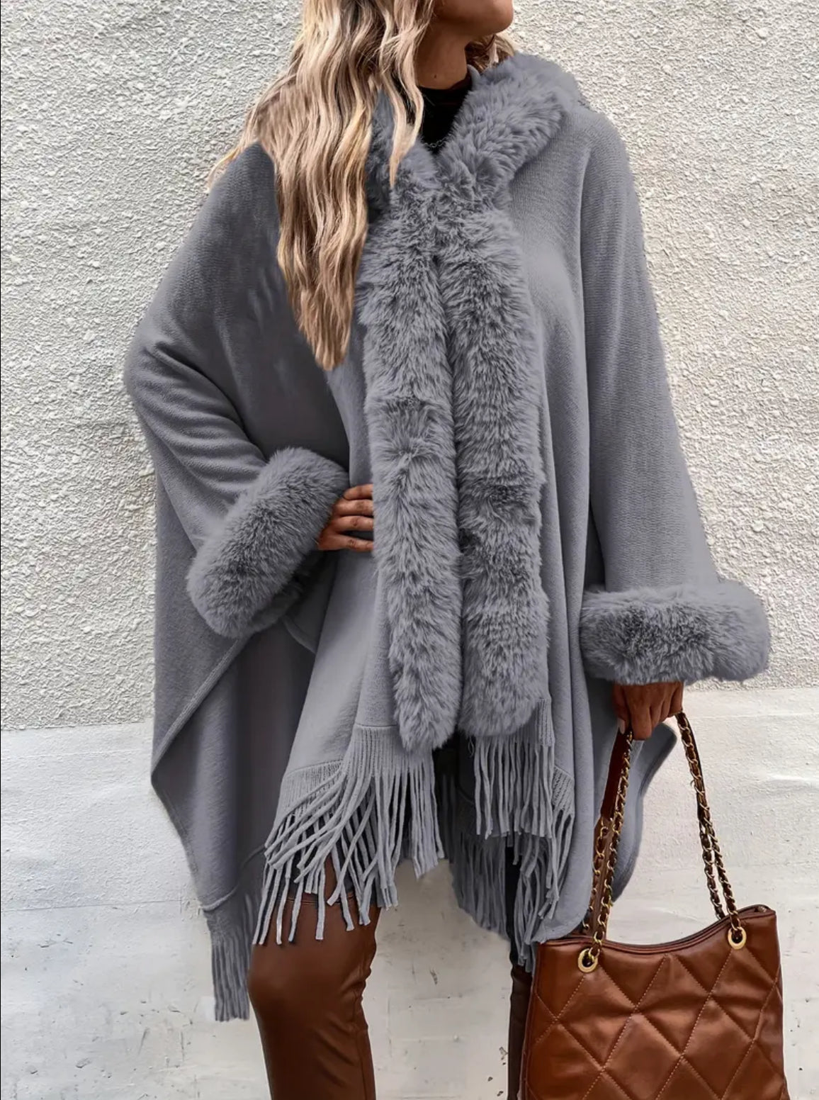 Chic Hooded Cape Coat - Long Sleeve V-Neck with Fringe Trim