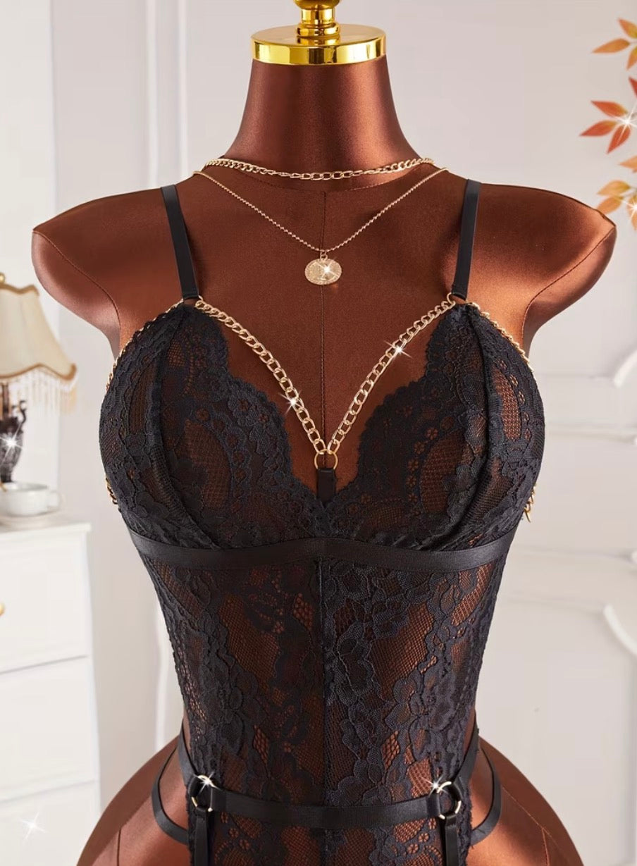“Fantasy” Black Lace Hollow-Out Shaping Lingerie with Garter Chain Detailing 