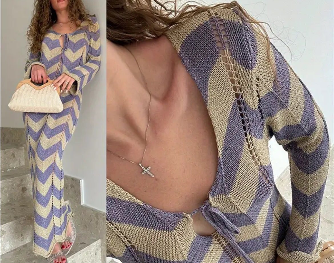 Boho Chic Chevron V-neck Long Dress |Long Dress Tie-Up Low Cut Bust Detail