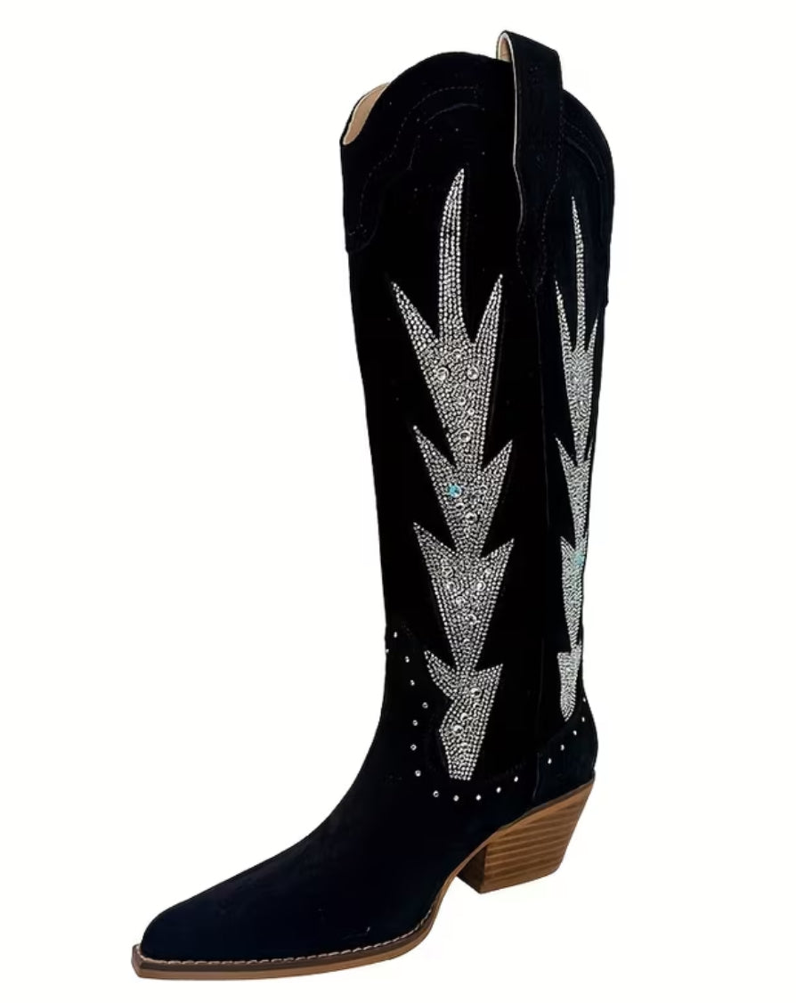“Flames” Women's Western Cowboy Boots - Rhinestone Embellished Pointed Toe, Chunky Heel Pull-On Knee-High 