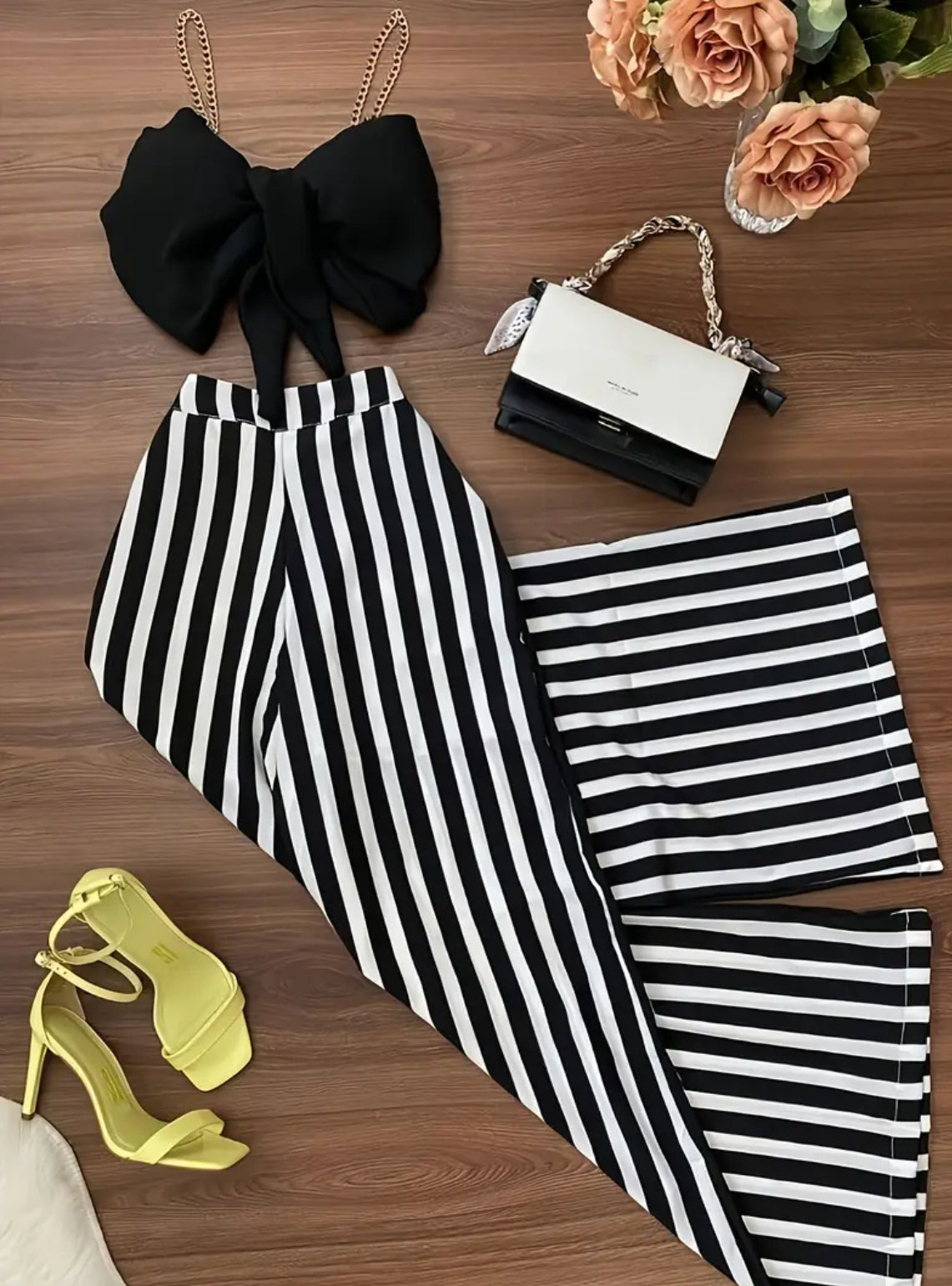 2 Piece Bow Detailed Sleeves Crop Top +High Waisted Belt less Design Pantsuit Set 
