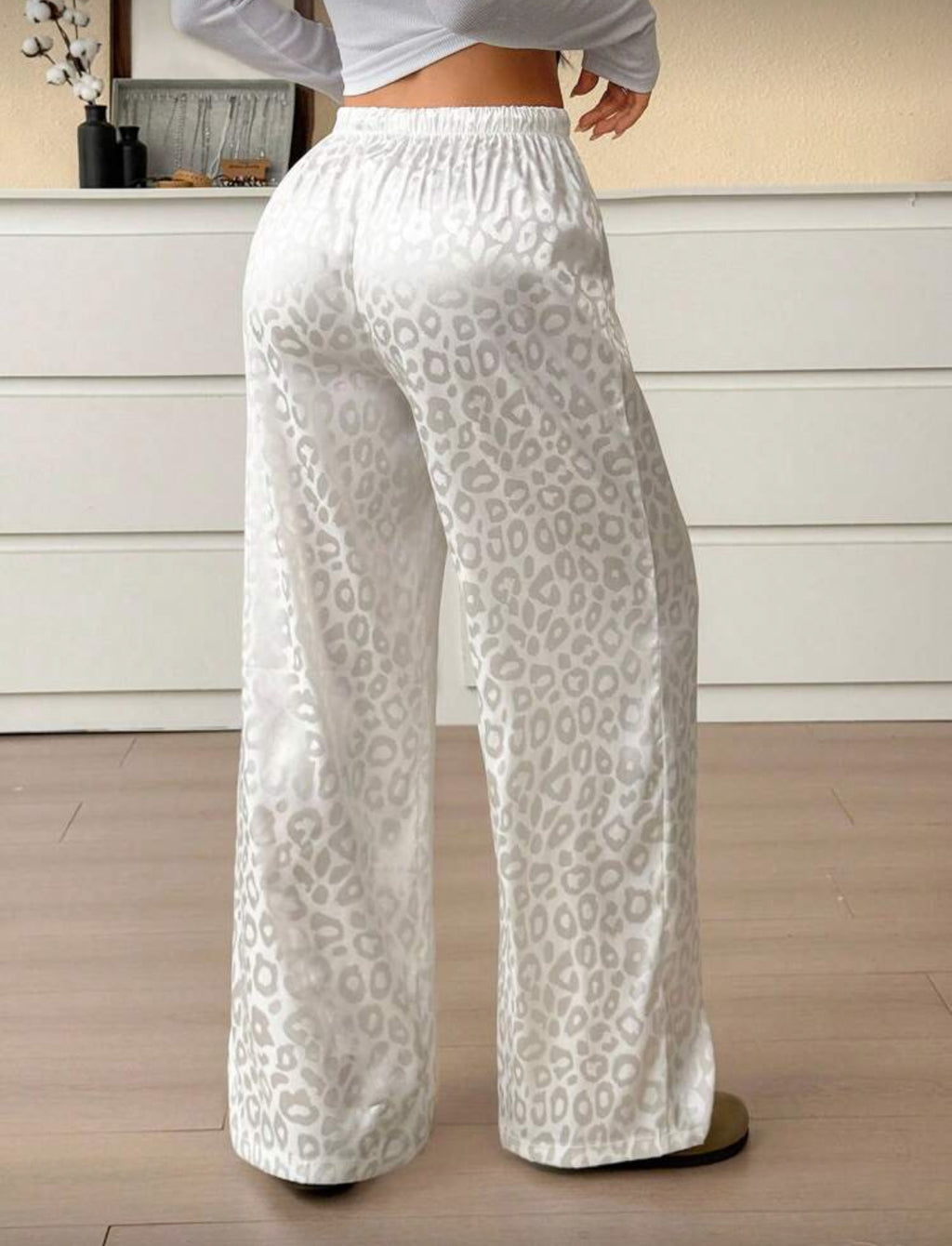 Leopard Print Pajama Pants Relaxed Wide-leg Fit, Drawstring Waist