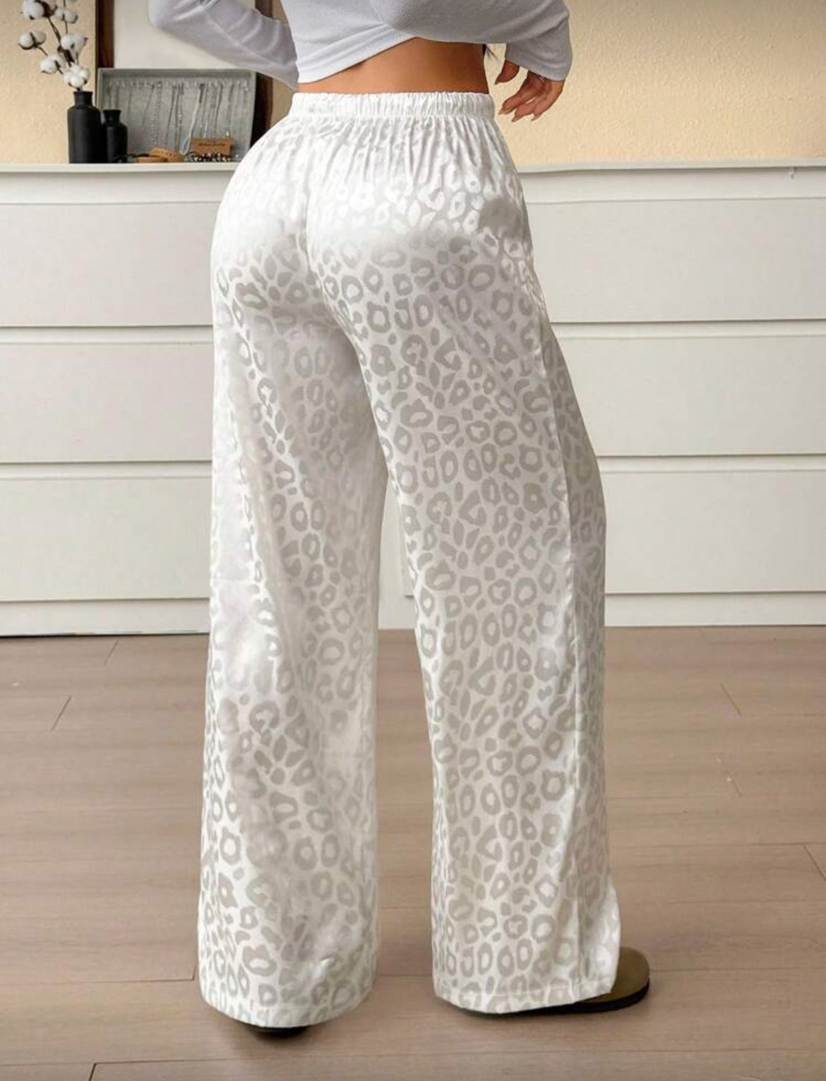 Leopard Print Pajama Pants Relaxed Wide-leg Fit, Drawstring Waist