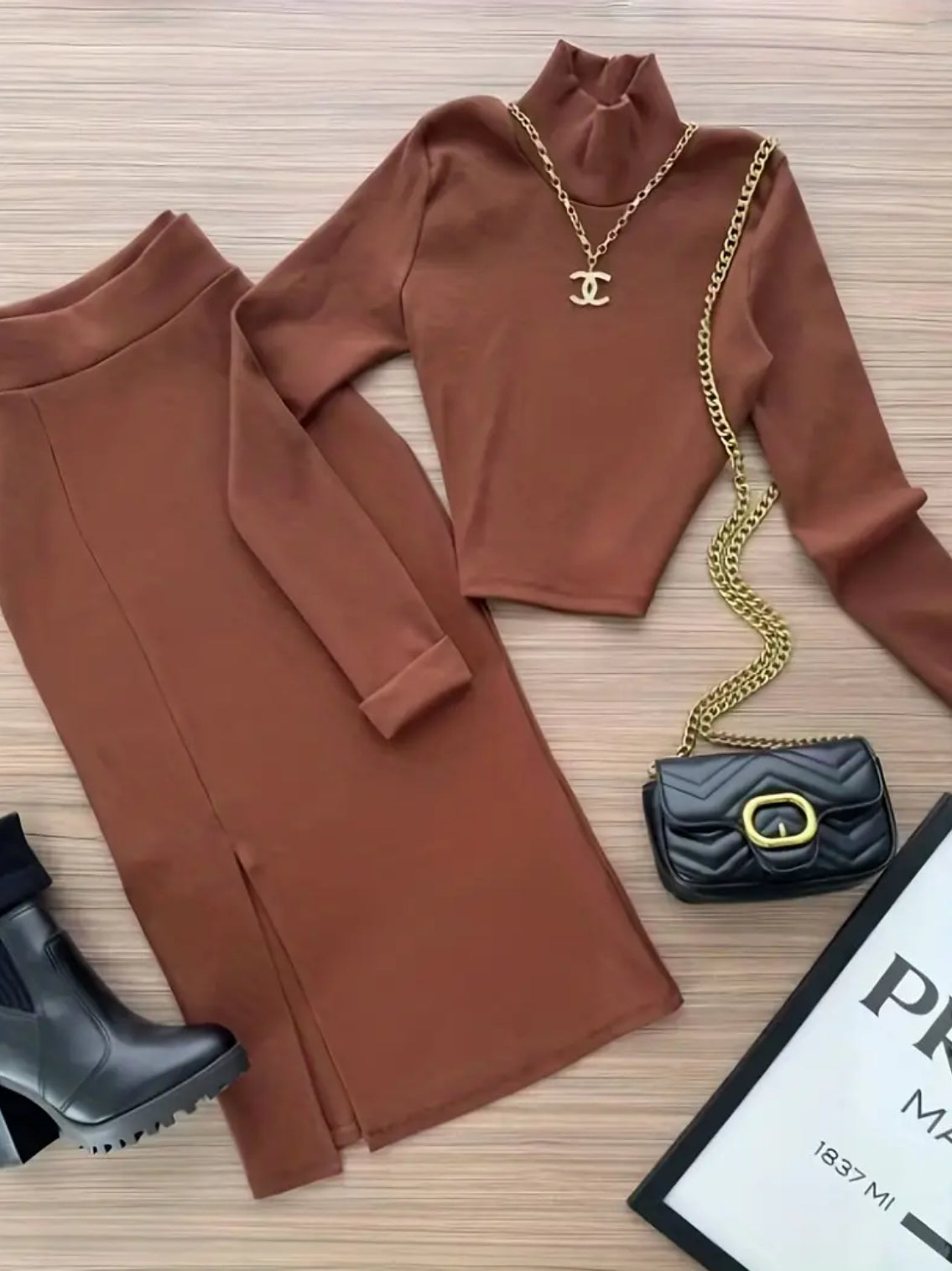 “Eva” Chic Two-Piece Set, Slim-Fitting High-Neck Top + Split Long Skirt