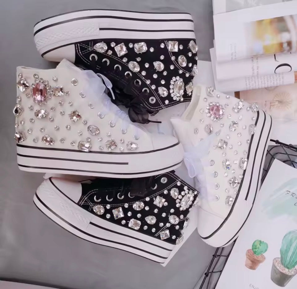 “Crystals” Women’s Embellished Thick Bottom High Top Canvas Designer Sneakers 